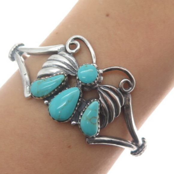 Old Pawn 925 Sterling Vintage Tyrone Turquoise Butterfly Adjustable Bracelet 6